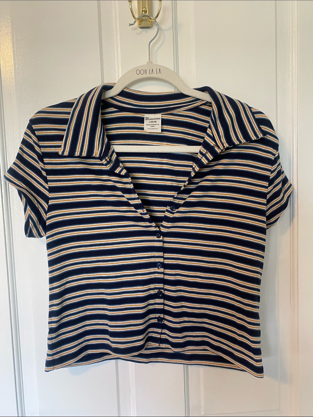 Striped Button-Front Polo Top - Navy & Yellow
